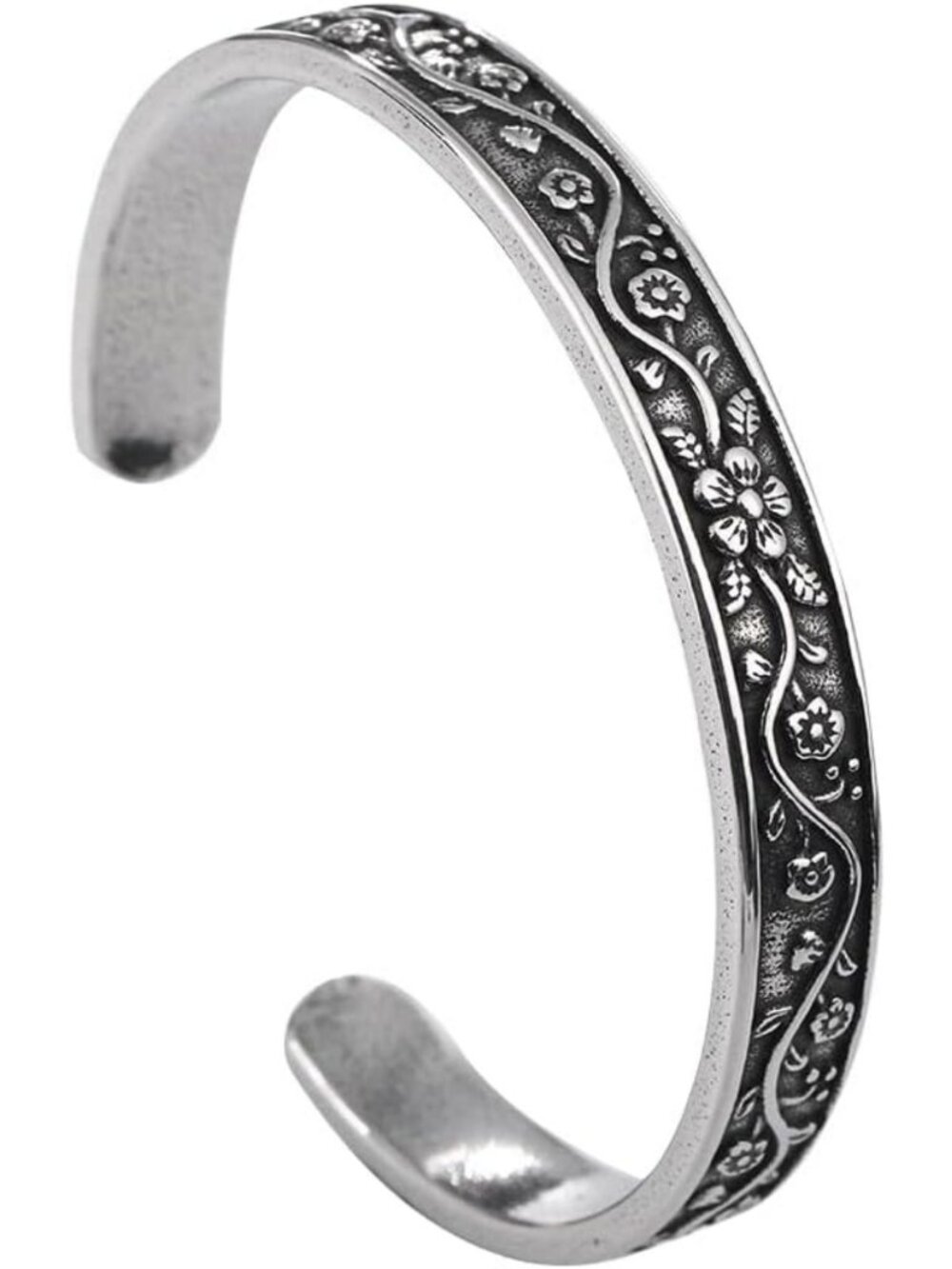 Vintage Floral Cuff Bracelet - Stainless Steel Flower Bangle for Women, Boho